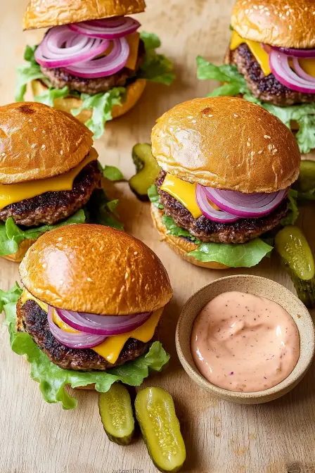 Delicious spread of Smush Burgers with juicy patties, melted cheese, vibrant red onions, crisp lettuce, pickles, and special sauce.