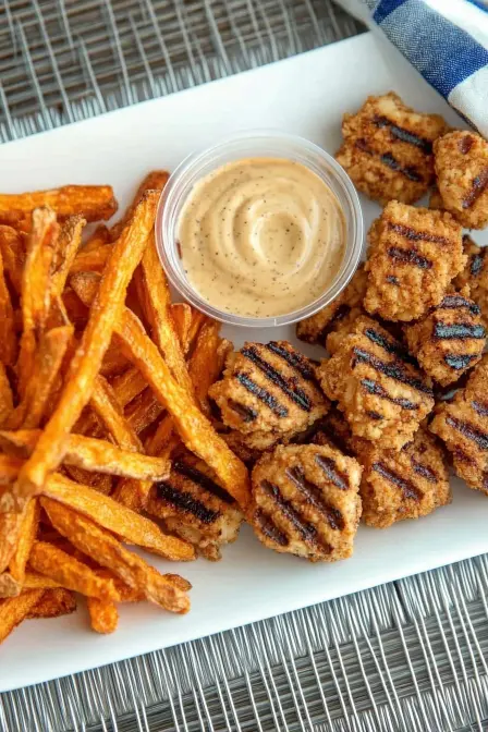 Overhead view of grilled chicken nuggets with prominent char marks, sweet potato fries, and a creamy dipping sauce.
