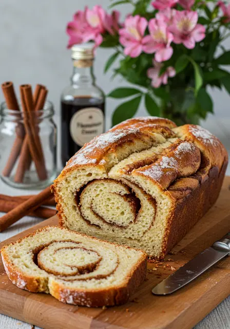 Beautiful braided Amish cinnamon bread, sliced to show the tempting swirl. Cinnamon sticks and flowers add warmth.