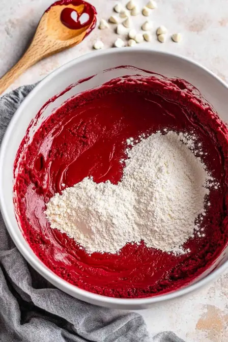 White flour sits on vibrant red velvet brownie wet ingredients in a mixing bowl, ready to be combined.