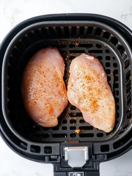 Two seasoned chicken breasts placed in the air fryer basket, ready for cooking