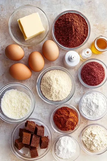 Flat lay of ingredients for red velvet brownies: butter, eggs, cocoa, flour, sugars, and more.