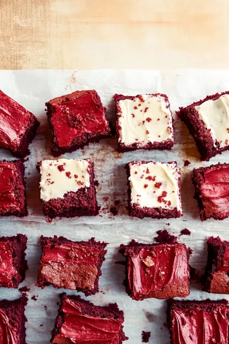 Delicious red velvet brownie squares with both red and cream cheese frosting arranged on parchment.