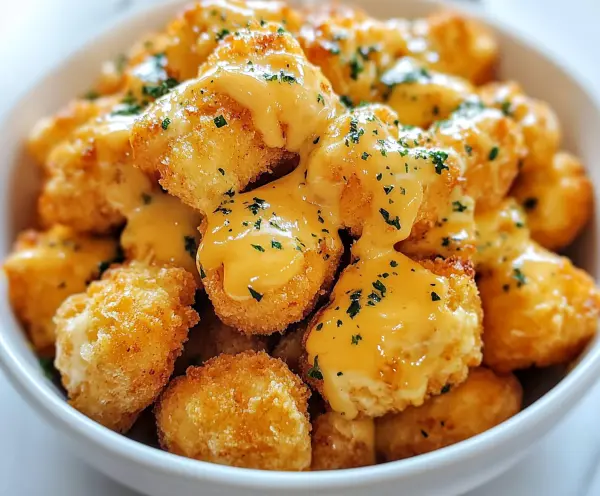 Golden-brown crispy fried bites, generously drizzled with creamy yellow cheese sauce and sprinkled with fresh green herbs in a white bowl.