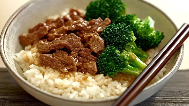 Enjoy a comforting bowl of chinned beef and broccoli stir fry, served with fluffy rice and a rich, savory glaze. A quick and flavorful dish perfect for busy weeknights or family dinners.