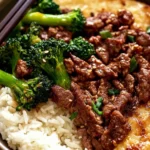 A bowl of tender beef, crisp broccoli, and steamed rice, served together for a satisfying Chinese Beef and Broccoli meal.
