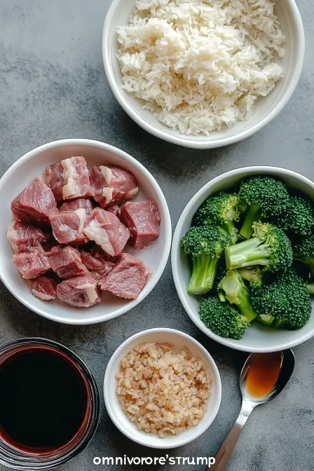 Ingredients for Chinese Beef and Broccoli Stir-Fry: rice, beef cubes, broccoli, soy sauce, and brown sugar.