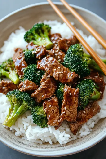 Tender beef and fresh broccoli in savory sauce served on a bed of fluffy white rice, garnished with sesame seeds.