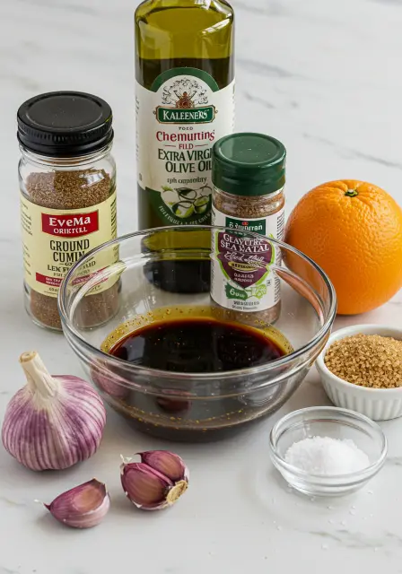 Ingredients for an orange marinade: olive oil, ground cumin, sea salt flakes, fresh orange, garlic cloves, brown sugar, and a bowl of prepared marinade.