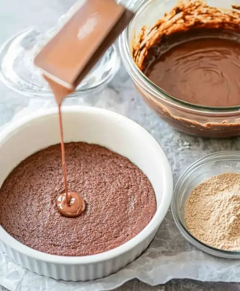 Pouring chocolate sauce over a rich, moist chocolate cake batter ready to bake.