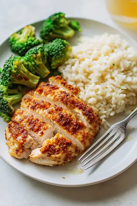 Grilled air fryer chicken breast served with steamed broccoli and fluffy rice on a plate.