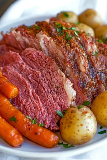 Sliced corned beef with vibrant seasoning alongside tender carrots and golden potatoes, a delicious and colorful meal.
