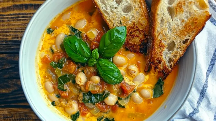 Vegan creamy white bean soup with fresh basil and crispy toast on the side.