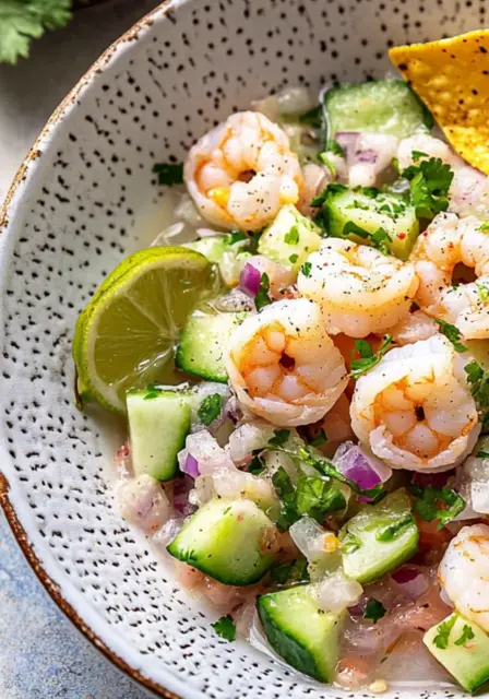 Fresh shrimp ceviche with lime, cucumber, red onion, and cilantro. A vibrant and flavorful Mexican seafood dish.