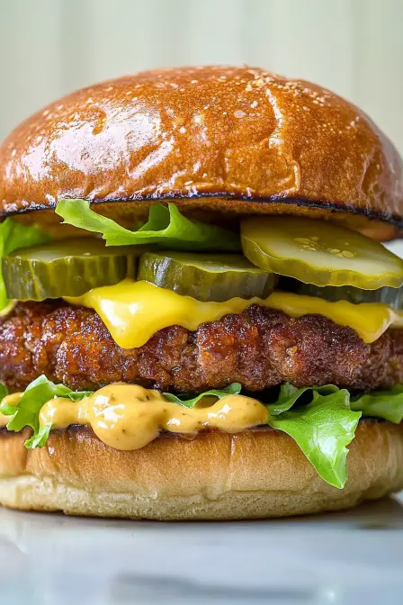 Mouthwatering Double Decker Pesto Papi Burger with juicy patties, melted cheese, crisp lettuce, pickles, and a flavorful sauce.