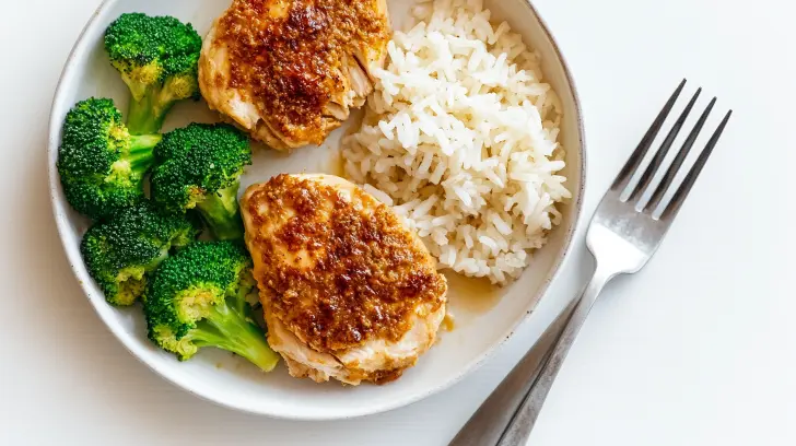 Juicy air fryer chicken breast served with steamed broccoli and white rice for a healthy and satisfying dinner plate