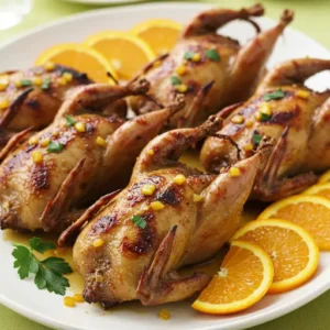 A pristine white platter showcasing multiple perfectly roasted quail, garnished with bright orange slices and fresh parsley.