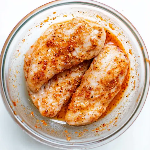 Marinated chicken breasts in a bowl with a blend of spices, ready for cooking.