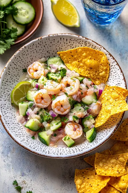 Vibrant shrimp ceviche with cucumber, red onion, cilantro, and lime, served with crispy tortilla chips.