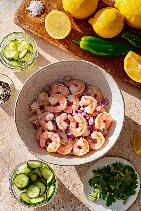 Top-down view of fresh shrimp ceviche with lemons, cucumbers, and cilantro, served on a wooden board.