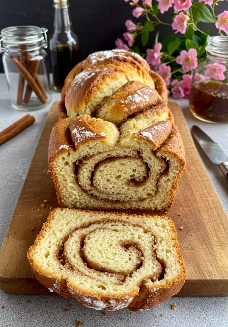 Delicious braided Amish cinnamon bread loaf, partially sliced showing the swirl. Cinnamon sticks and glaze nearby.