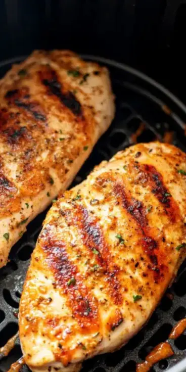 Grilled and seasoned chicken breasts cooking in an air fryer basket, golden brown with grill marks.