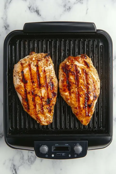 Two juicy BBQ chicken breasts with grill marks, showcasing the delicious result of perfect grilling.