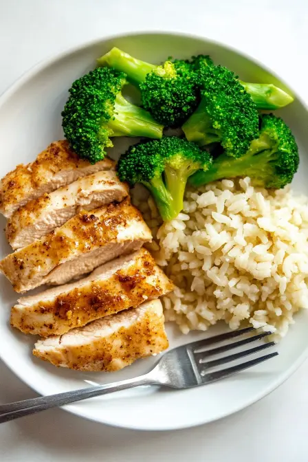 Sliced air fryer chicken breast served with steamed broccoli and fluffy rice in a bowl