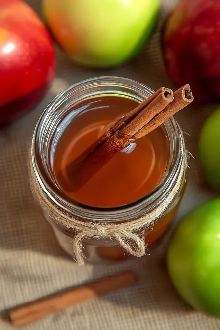 Warm, amber apple cider in a mason jar with cinnamon sticks, surrounded by fresh apples.