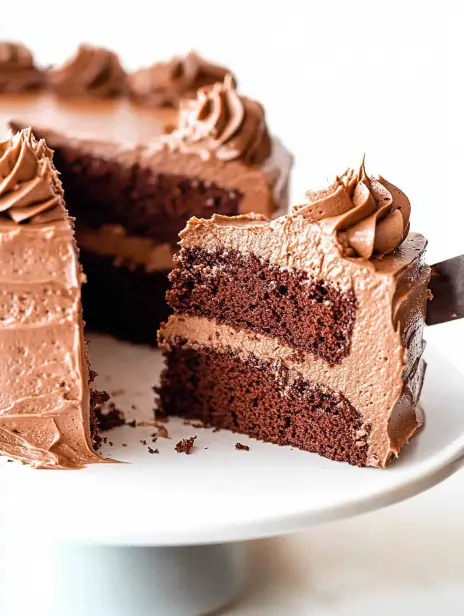 Close-up of a slice of chocolate cake with rich frosting and soft, moist layers.