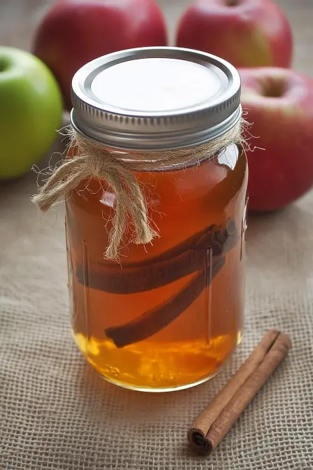 Warm golden liquid with cinnamon sticks in a mason jar, essential for apple pie moonshine's spiced taste.