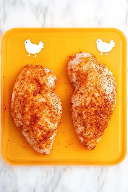 Two seasoned BBQ grilled chicken breasts sit on a vibrant orange cutting board, ready to become crispy parmesan delights.