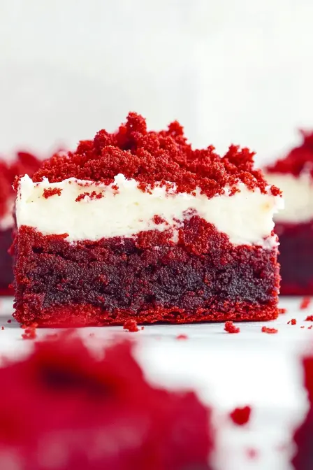 Close-up of a red velvet brownie showing dark red base, lighter red/pink layer, and red crumb topping.