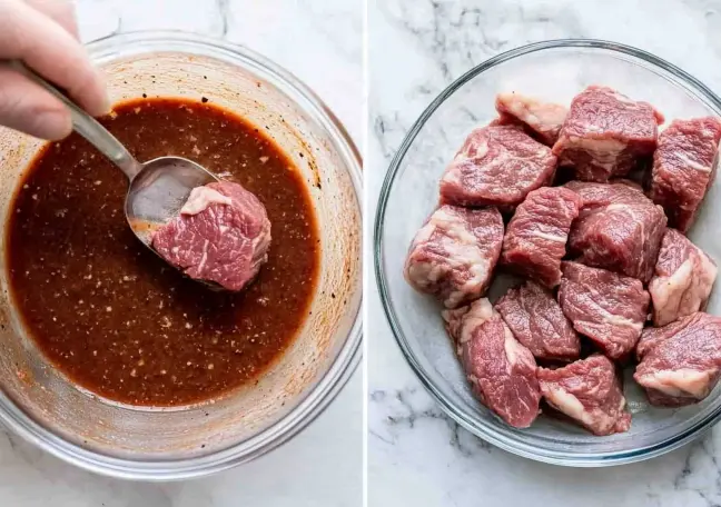 Beef being marinated in a flavorful sauce, ready to be stir-fried into the perfect Chinese Beef and Broccoli dish.