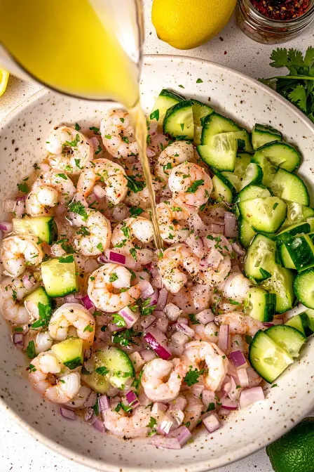 Pouring citrus marinade over fresh shrimp, cucumber, and red onion for vibrant ceviche.