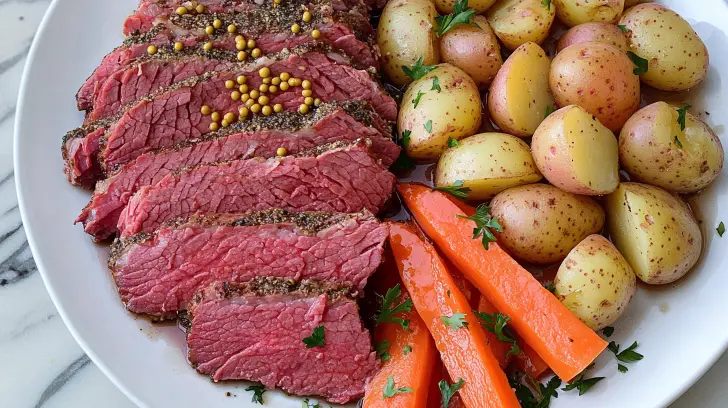 Platter of perfectly sliced corned beef with mustard seeds, tender potatoes, and carrots, garnished with parsley.