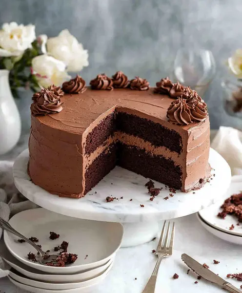 Deliciously sliced chocolate cake with creamy frosting and layers of moist chocolate sponge.