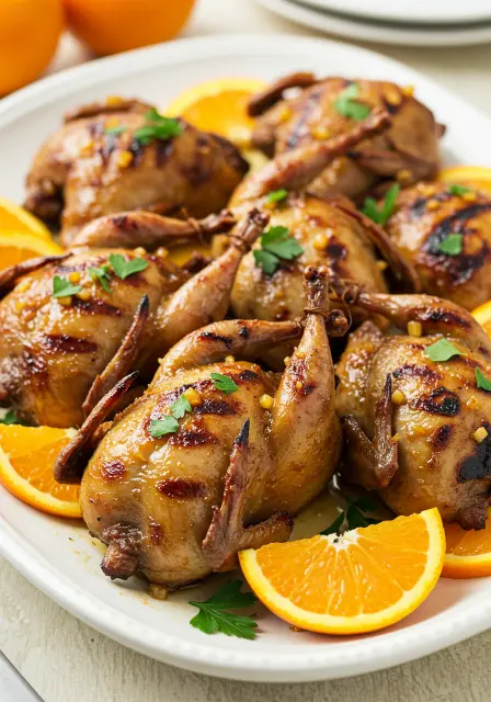 Close-up of glossy butterflied quail with grill marks, garnished with orange zest, slices, and fresh parsley.