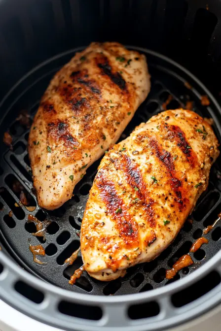 Grilled and seasoned chicken breasts cooking in an air fryer basket, golden brown with grill marks
