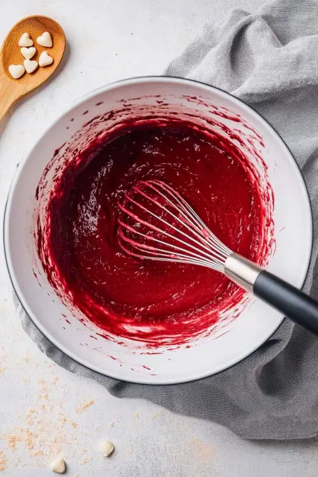 Smooth, vibrant red velvet brownie batter in a white mixing bowl with a whisk ready for baking.