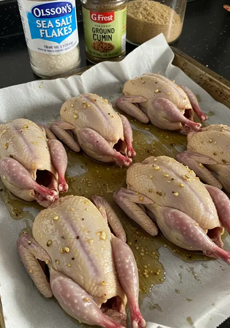 Raw whole quails, seasoned and resting in a marinade on a parchment-lined baking sheet, ready for roasting.