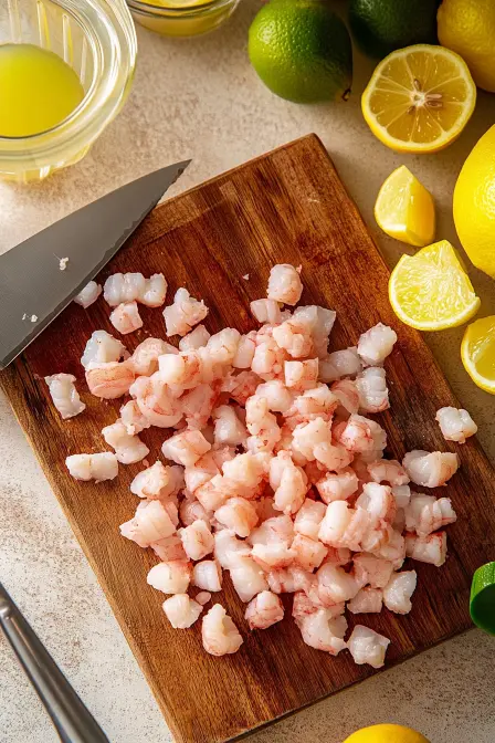 Chopped raw shrimp on a wooden cutting board with lemons and limes, ready for ceviche.