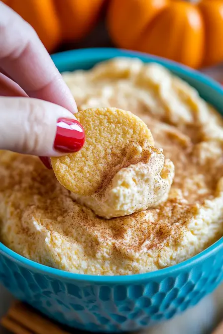 A hand with red nail polish dips a vanilla wafer into creamy pumpkin fluff, topped with cinnamon, in a blue bowl.
