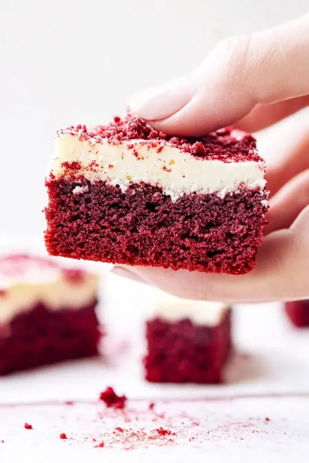Hand holds up a small red velvet brownie square topped with white frosting and red crumbs.