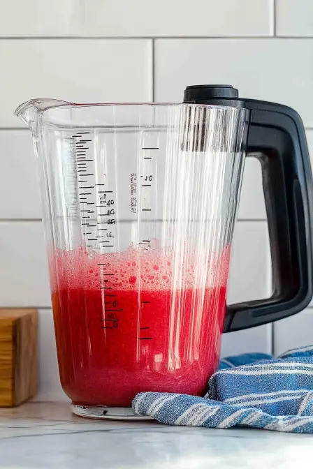 Freshly blended watermelon juice with some froth inside a clear measuring pitcher.