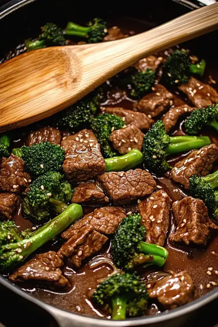 Tender beef and vibrant broccoli in savory sauce, cooked to perfection for a classic Chinese beef and broccoli dish.