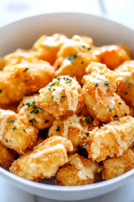Crispy golden fried bites, generously coated in a creamy white sauce and sprinkled with green herbs, served in a white bowl.