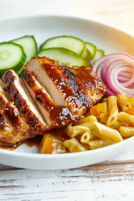 Sliced BBQ chicken breast with pasta, cucumbers, and red onion, showing delicious serving suggestions.