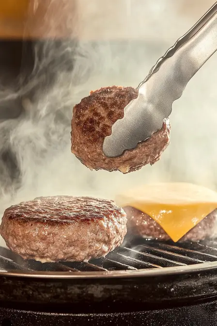 Juicy burger patties sizzling on a hot grill with melting cheese and rising steam, promising delicious flavor.