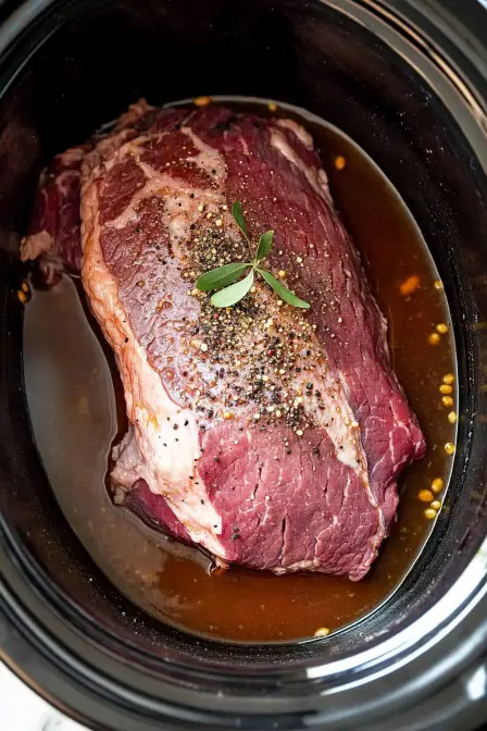Raw corned beef brisket in a slow cooker with spices and broth, ready to be cooked.